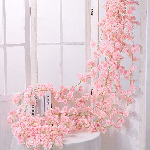 Shiwaki 180cm/70 Inches Artificial Cherry Blossom Rattan Hanging Chain Light Pink Decoration for Wedding