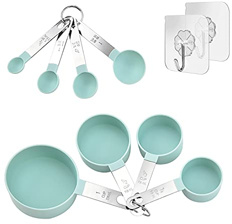 Measuring Cups and Spoons Set of 8,Plastic Measure Spoons Measuring Cups with Metal Stainless Steel Handle for Dry and Liquid Ingredients (Lake Blue)