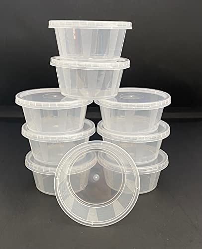 2oz Round Plastic Food Containers Lids Deli Pot or Sauce Take Away Chutney Ketchup Restaurant Jelly Shot & Dessert Cups Re-Usable (50 Pack)
