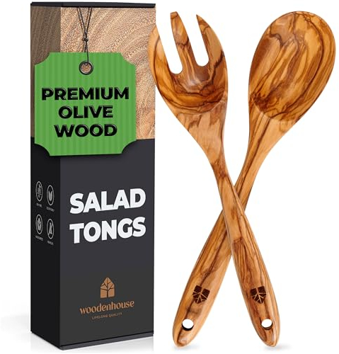 Olivenholz Löffel Salatbesteck (30,5 cm), Olivenholz-Salat-Set Löffel & Gabel als Salatzange – Küchenhelfer Servierzange Servierlöffel zum Kochen und Servieren – hochwertig & nachhaltig