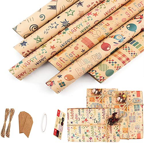 6 Stück Verpackung Kraftpapier, Geschenkverpackungen, Geburtstag Geschenkpapier Set, Gefaltetes Geburtstags Geschenkpapier für Blumen, Essen, Geburtstagsfeier, Weihnachten, Babyparty, Hochzeit(Braun)