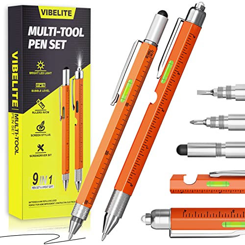 Gifts for Men VIBELITE Multitool Pen Set, 9 in 1 Multi-Tool Pen, Unique Tool Gifts for Dad from Daughter Son Wife, Cool Gadget Gifts for Men, Husband, Boyfriend, Grandpa, 2 PCS Orange