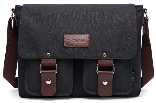 FORRICA Umhängetasche Herren Casual Schultertasche Segeltuch Kuriertasche Männer Reise Schule Messenger Bag Geschäft Arbeit Outdoor Aktentasche Schwarz
