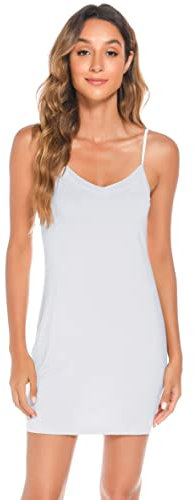 Vlazom Women's Full Slips Soft Slinky Petticoat Spaghetti Straps Ladies Sexy Nightdress Chemises Basic Underskirt White,L