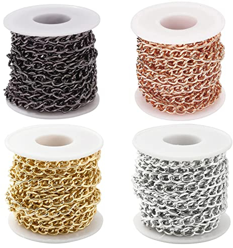 Jaydis 4 Rollen Aluminium Panzerketten 10 x 6,5 mm Link Gold Silber Roségold Rotguss Kette mit Spule für Anhänger Halsketten Schmuckherstellung 20 m