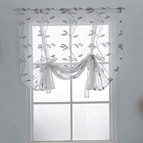 GUOCU 1 Stück Raffrollos mit Stickerei Blumen Voile Raffgardine Halbtransparent Gardine Schlaufenschal Deko für Küche Balkon,Römische Kurze Vorhang Binden Schiere Fenster Vorhänge Farbe D 60x120cm