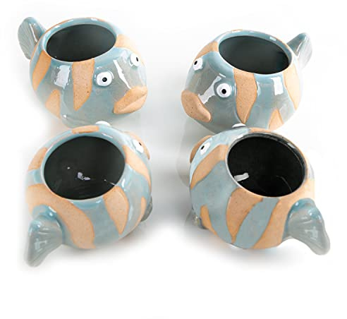 Logbuch-Verlag 4 Fische Blumentöpfe aus Keramik - kleine Maritime Deko Töpfe zum Bepflanzen 10,5 cm hellblau