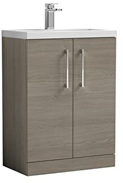 nuie PAL123E Arno Compact Modern Bathroom Floor Standing Slimline 2 Door Vanity Unit and Ceramic Basin, 600mm, Woodgrain Solace Oak