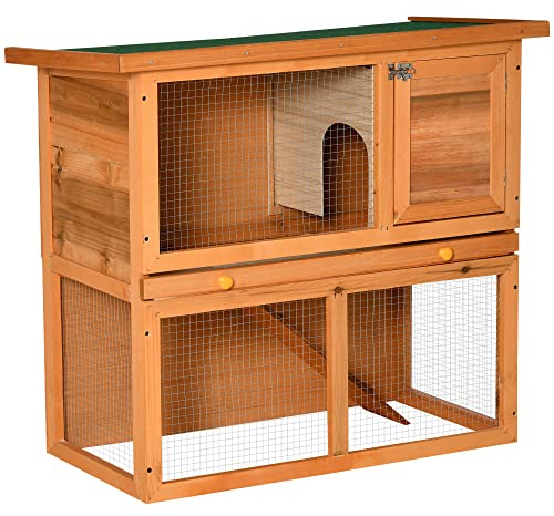 PawHut Kleintierstall aus Tannenholz, doppelstöckige Kleintierhaus, Zwergkaninchenstall, Kleintiergehege mit Bodenwanne, Rampe, Orange, 90 x 45 x 80 cm