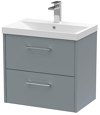 Hudson Reed JNU2324D Juno Modern Bathroom Wall Hung 2-Drawer Vanity with Thin-Edge Ceramic Basin, 600mm, Matt Coastal Grey