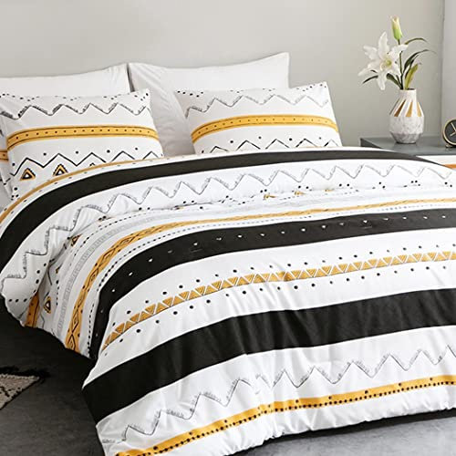 Tokokimo Housse de Couette 220x240 avec 2 Taies d'oreiller 65x65 cm - Design Bohémien - Parure de lit 220x240 Adulte - 100% Microfibre Housse Couette avec Fermetures éclair, Jaune Noir Rayures