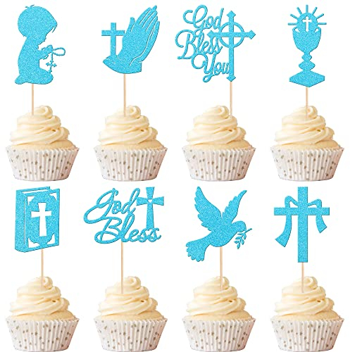 Xsstarmi 24 Pack God Bless and Cross Cupcake Toppers Glitter Dove Boy Baptism Cupcake Picks First Communion Cake Decorations for Religious God Bless Baptism Theme Baby Shower Kids Birthday Party Blue