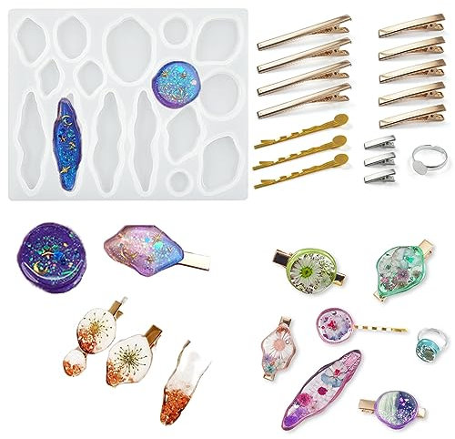 DIYBravo Silicone Resin Hair Clips Mould with 16 Accessories, Resin Stone Pendulum Earring Barrettes Moulds UV Epoxy Mould for DIY Hair Pin Jewelry Quartz Gemstone