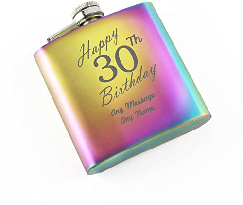 Personalised Engraved 6oz Rainbow Stainless Steel Pocket Hip Flask, Happy 30th Birthday Design, Gift for Her, Happy Birthday Gift, Laser Engraved in The UK