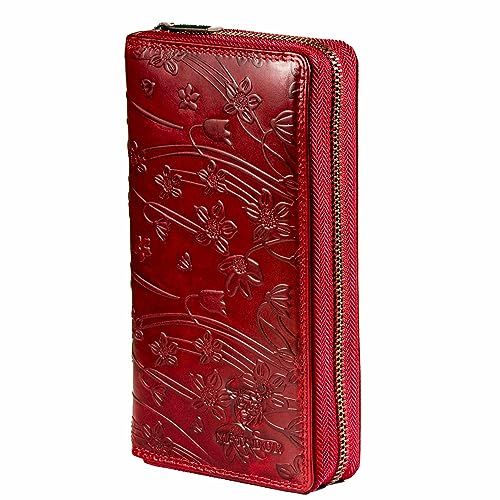 MATADOR Portefeuille en Cuir véritable pour Femme Compartiment Unique pour Cartes de crédit et Fermeture éclair en métal YKK | Porte Monnaie avec Protection RFID/NFC et boîte Cadeau | Fleurs Rouge
