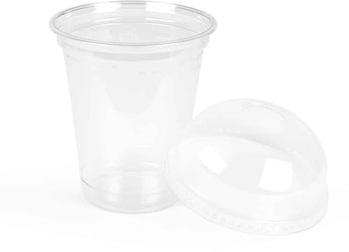 Inoverse 50 Stück Smoothie Becher To Go, Smoothie Cup 300 ml, Dessertbecher, Plastikbecher, Eiskaffee Becher, Cocktail Gläser Plastik, Bubble Tea Becher, inkl. Domdeckel mit Loch