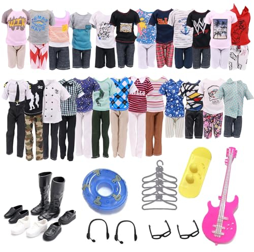 30 Pack of Clothes and Accessories Compatible with doll, Kleidung und Zubehör 5 Freizeitbekleidung Kleidung 5 Hosen 4 Paar Schuhe 1 Schwimmräder 1 Gitarre 1 Surfbrett 2 Brillen 2 Kopfhörer