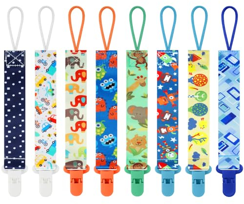 Aolso 8 Stück Baby-Schnullerkette, Schnullerclip für Baby, Schnullerhalter-Set mit Kunststoffverschluss, Baby-Beißspielzeug, passend für alle Schnuller, Schnuller und Beißspielzeug
