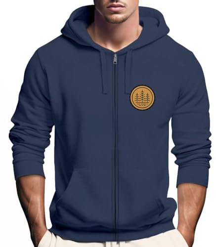 Neverless® Zip Hoodie Herren Outdoor Motiv Bäume Sweatjacke mit Kapuze Logoprint Fashion Streetstyle Navy XS