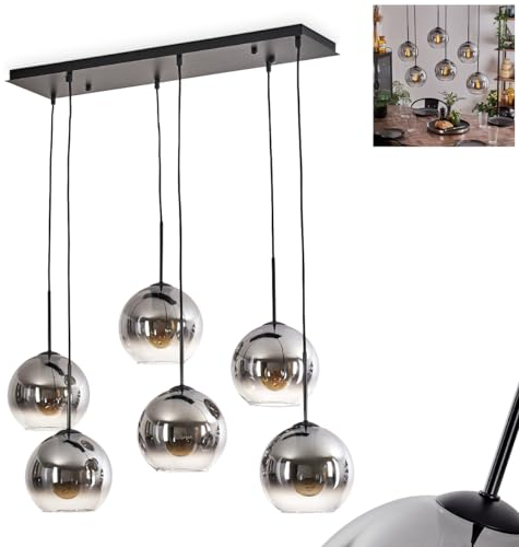 Hängeleuchte Koyoto, Hängelampe aus Metall/Glas in Schwarz/Rauchfarben/Klar, Vintage/Retro Design mit Schirmen aus Glas (Ø 20 cm), Höhe max. 143 cm, 6 x E27, ohne Leuchtmittel