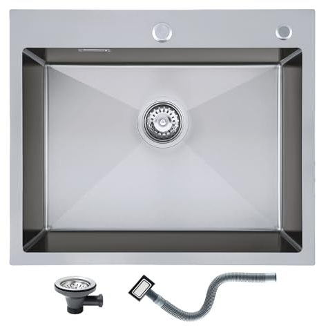 KEOKBON - Fregadero de cocina (60 x 50 cm, acero inoxidable, con orificio para grifo, incluye colador de desagüe e instrucciones de montaje (idioma español no garantizado)