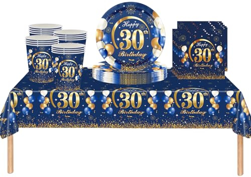 53Pcs Navy Blue Happy 30th Birthday Party Tableware Plastic Table Cloth,Paper Plates,Napkins and Cups for Man Birthday Table Decorations Disposable Party Tableware Set for Adults Birthday Party