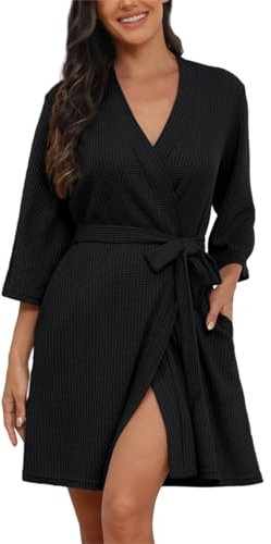 PrinStory Women Robes Lightweight Dressing Gowns Waffle Soft Sleepwear Ladies Loungewear (Black, L)