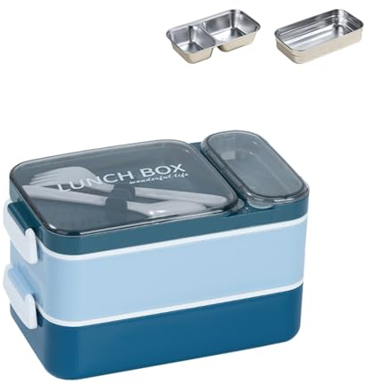 LetsLife 1600ml Double-Layer Lunch Box with Stainless Steel Inner, Built-in Cutlery and Sauce Pot, Removable Compartment Lunch Box for Adults Kids, Leakproof Bento Box for Microwave Dishwasher Safe