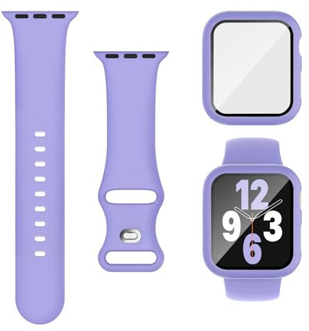 Joehwerr 3-in-1 for Apple Watch Straps 45mm with Case & Screen Protector, Silicone Sport Strap and Protective Cover with 9H Tempered Glass for iWatch Series 9/8/7, Violet