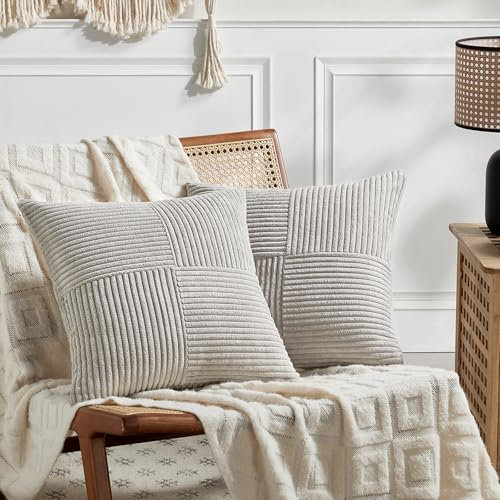 FDTERN Lot de 2 Boho Housse de Coussin 30x30 Gris Neutre,à Motif Croisé Decoration Housses de Coussin en Velours Côtelé,Douillet Taie d'oreiller Housse Coussin Moderne pour Canapé Chambre Chaise Lit