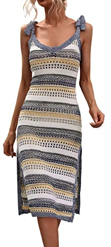LOIJMK Damen-Häkel-Cover-Up-Höhlen-Badeanzug-Coverup-Side-Split-Maxi-Strandkleid Chinesisches Kleid Damen (Blue, M)