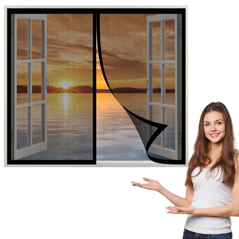 Rideaux Anti-Moustiques 150 x 140 cm, Aimantée Auto-Adhésif en Maille, Anti Insecte Pliable pour La Plupart Des Fenêtres, Noir