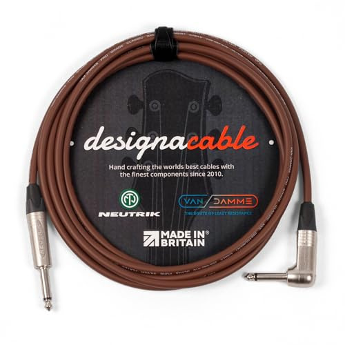 designacable.com 10m - Brown Unbalanced Straight to Angled Jack Guitar Lead - Handmade in the UK using Van Damme XKE instrument cable & Neutrik NP2X & NP2RX 1/4 Mono Jacks.