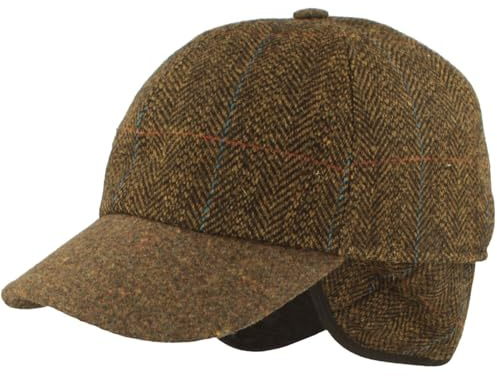 Breiter Winter Baseballcap Schirmmütze Baseball Kappe ausklappbarem Ohrenschutz Basecap aus Wolle - Oliv Fischgrät Karo 57