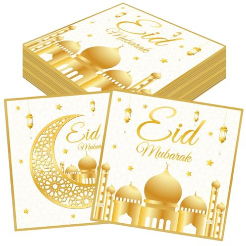 CharmBurst 40 Pièces Serviettes Ramadan, Eid Mubarak Décoration Ramadan, Serviettes Or Blanc pour Table Ramadan, Eid Mubarak Confettis, Ramadan Kareem Serviettes