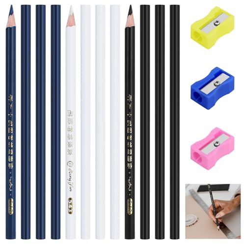 QMLING 12 Stück Schneiderkreide Stift, Nähkreide Stoffkreide mit Bleistiftspitzer, Schneiderkreide Weiß Blau Schwarz, Schneiderkreidestift für Schneiderei Notizen Nähen Basteln (3 Farben)