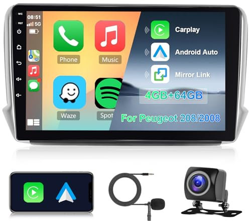 8 Core 4GB+64GB Autoradio per Peugeot 208/2008 2012-2018 Android 10,1 Pollici Touch Schermo GPS Navigazione Wireless Carplay Android Auto, Hodozzy 2 Din Radio Bluetooth DSP WiFi FM RDS, Retromarcia