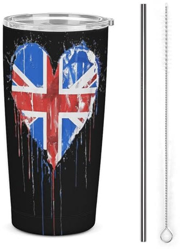 United Kingdom UK Flag Heart Funny Travel Mug Stainless Steel Insulated Tumbler Coffee Cups with Straw Lid Cleaning Brush