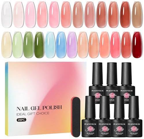 PEACECOLOR Jelly Gel Nail Polish Set- 25 Colours Translucent Summer Burgundy Pink White Green Soak Off Gel Polish, Nail Art Manicure Salon and Home DIY for Women