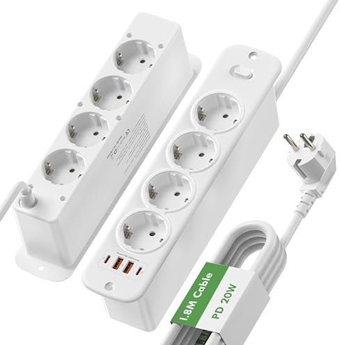 Enchufe de Mesa con USB C PD 20W, Regleta de Escritorio 8 enchufes, Doble Cara Enchufe Múltiple con Interruptor, Cable de 2 m, Enchufe de Mesa para casa o Oficina, Blanco