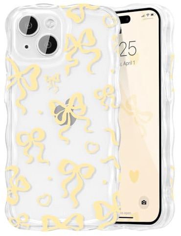UEEBAI Bow Case for iPhone 14 Plus/15 Plus, Wavy Cute Ribbon Pretty Aesthetic Case Curly Stylish Soft Wave Clear Phone Shockproof Protective Pretty Cover for Women Girl - Yellow