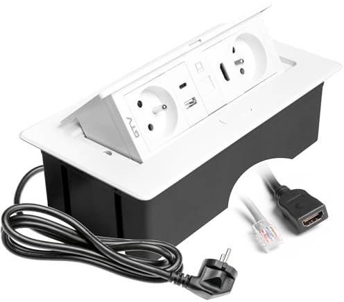 GTV – Enchufe empotrable MULTISOFT blanco con 2 enchufes con tierra, USB A+C, RJ45, HDMI 2.0, retráctil con tapa, cable de 1,5 m, ideal para cocina, oficina o mesa de conferencias