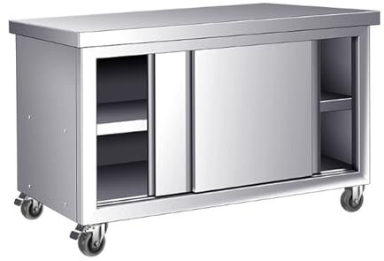 AYHARYLH Stainless Steel Work Table Kitchen Prep Table with Cabinet,Commercial Heavy Duty with 2 Sliding Doors, Single Pass Worktop Storage Cabinets, for Restaurant, Home, Hotel, Garage, Laundry(80*60