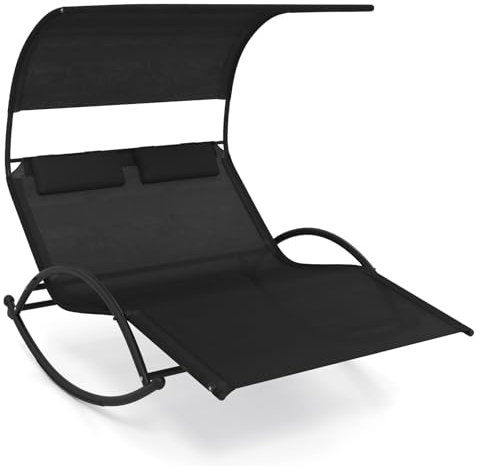 COSTWAY Chaise Longue Extérieur à Bascule, Transat à Bascule pour 2 Personnes, Lit de Repos 2 Places avec Auvent Pare-Soleil et 2 Oreillers Amovibles, Cadre en Métal Robuste, Charge 300 KG (Noir)