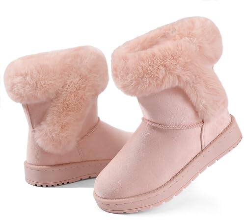 FUPPIA Stivali invernali da neve da bambina, caldi, foderati in finta pelliccia, con suola antiscivolo, per bambini piccoli e grandi, rosa, 30 EU