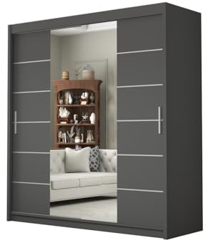 DELUXEWARE 2&3 Doors Sliding Door Wardrobe with Matt Finish – Bedroom Wardrobe with Full Length Mirror, Hanging Rail & Shelves | Strong MDF Storage Cabinet for Bedroom Furniture. (Gray, 150cm)