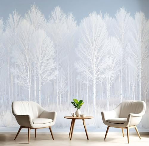 Verschneiter Birkenwald Fototapete 3D, Winterlandschaft Wandtapete Schlafzimmer, Grau Weiß Tapete Wanddekoration, Büro Wandbild, Kinderzimmer Fototapete, Wanddekoration 350X256Cm