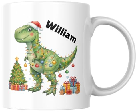 Personalised Dinosaur Mug, Christmas Cup, Trex Mug, Festive Xmas Gift, Christmas Cracker Gift, Gift for Kids