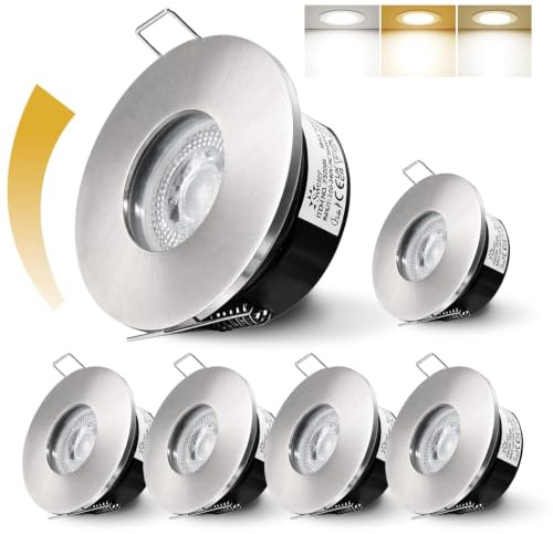 Sweier Spot LED Encastrable Dimmable 68mm, 5W IP65 Spots Encastré Blanc Chaud 3000K Blanc Neutre 4000K Blanc Froid 6000K Spot de Plafond pour Salle de Bain Salon Cuisine, Nickel, Lot de 6