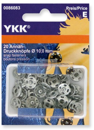 YKK 86083 Annäh-Druckknöpfe Messing 10,0 mm silber, 20 Stück